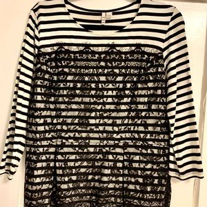 Black & White Striped Peplum Shirt with Black Lace